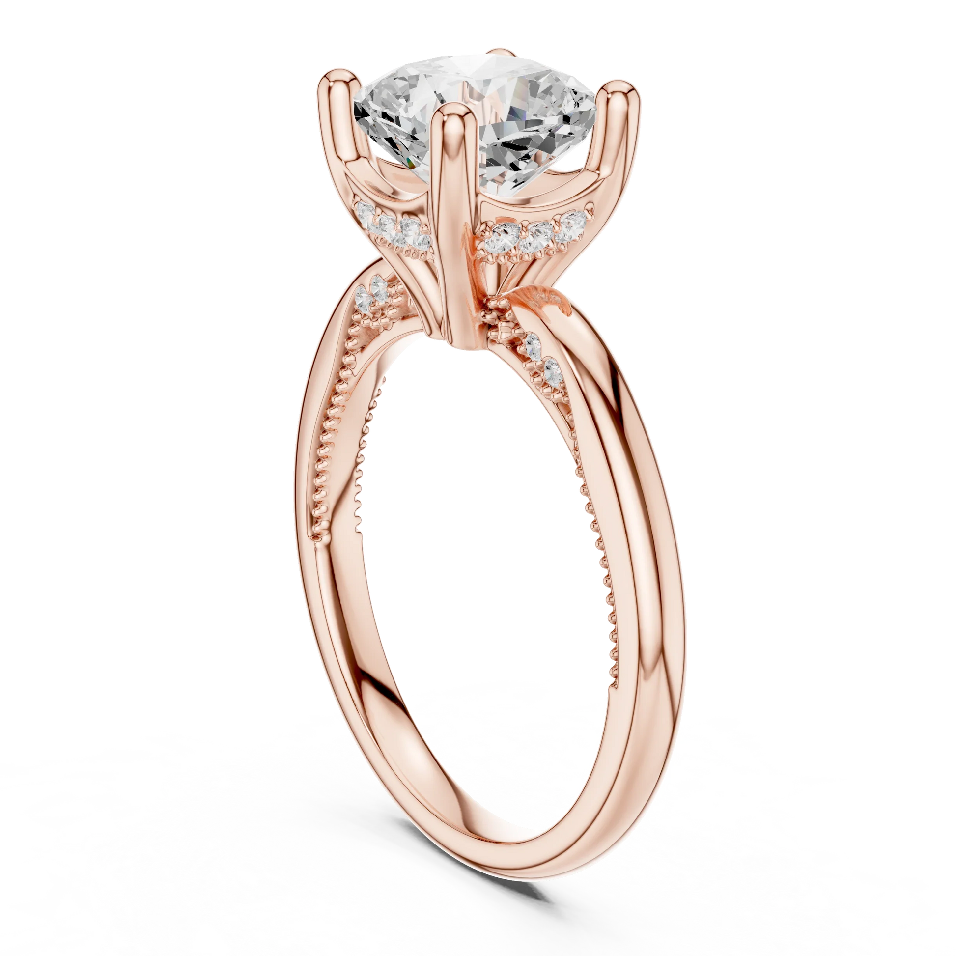 Back side view of rose gold cushion cut solitaire ring showing hidden halo and domed band structure