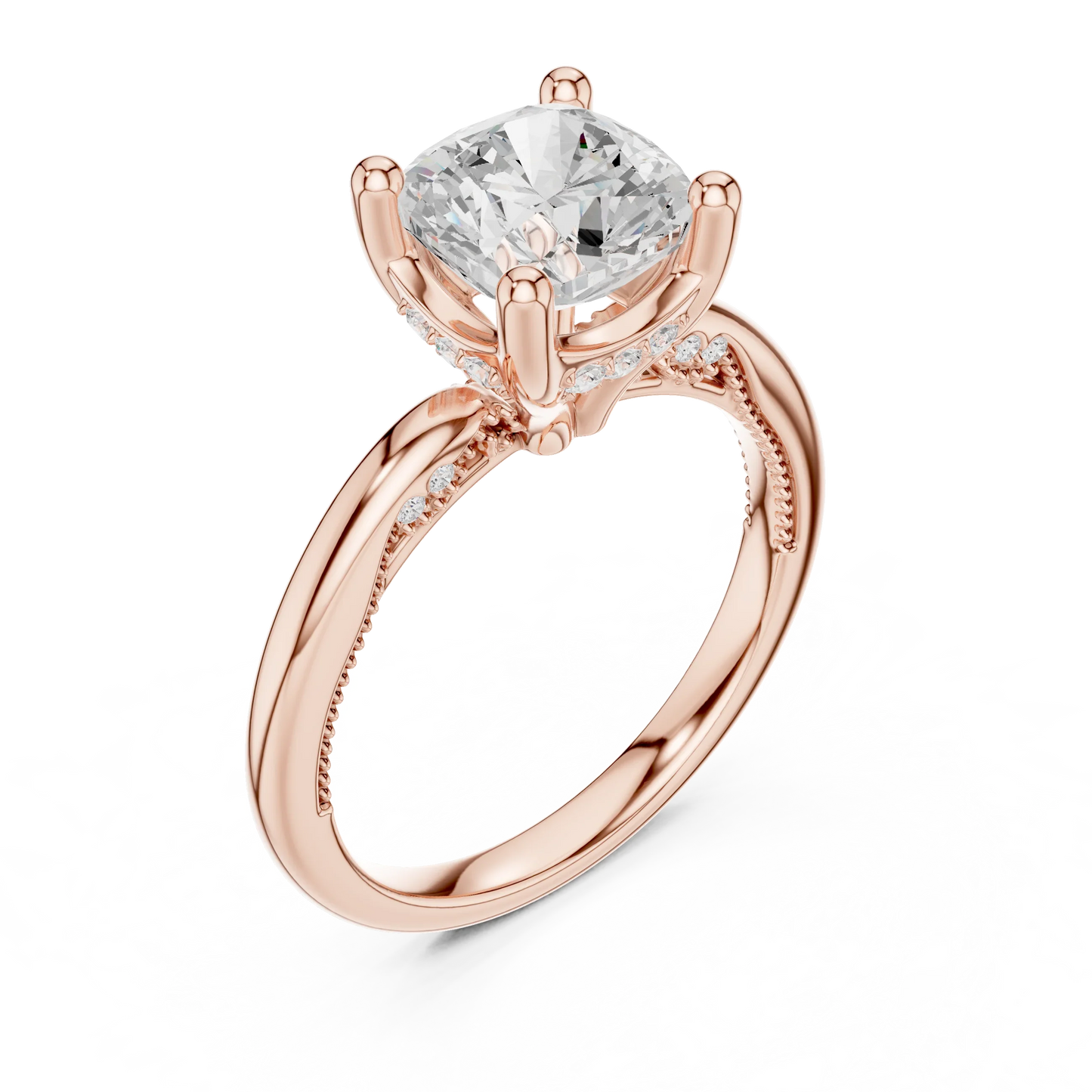 Front view of rose gold cushion cut solitaire ring with hidden halo and domed band and lab-created diamond