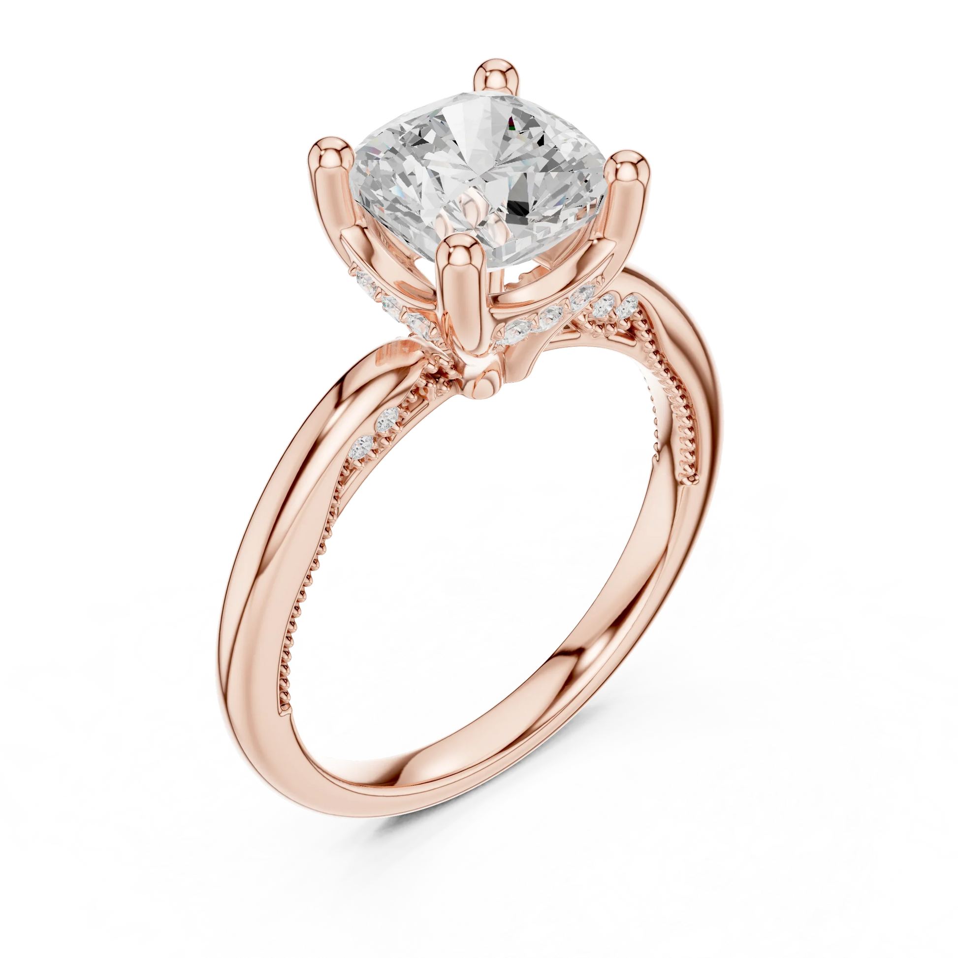 Front view of rose gold cushion cut solitaire ring with hidden halo and domed band and lab-created diamond