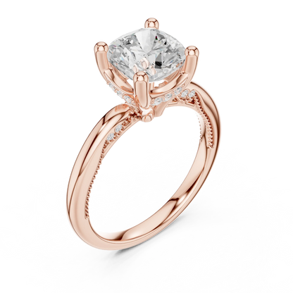 Front view of rose gold cushion cut solitaire ring with hidden halo and domed band and lab-created diamond