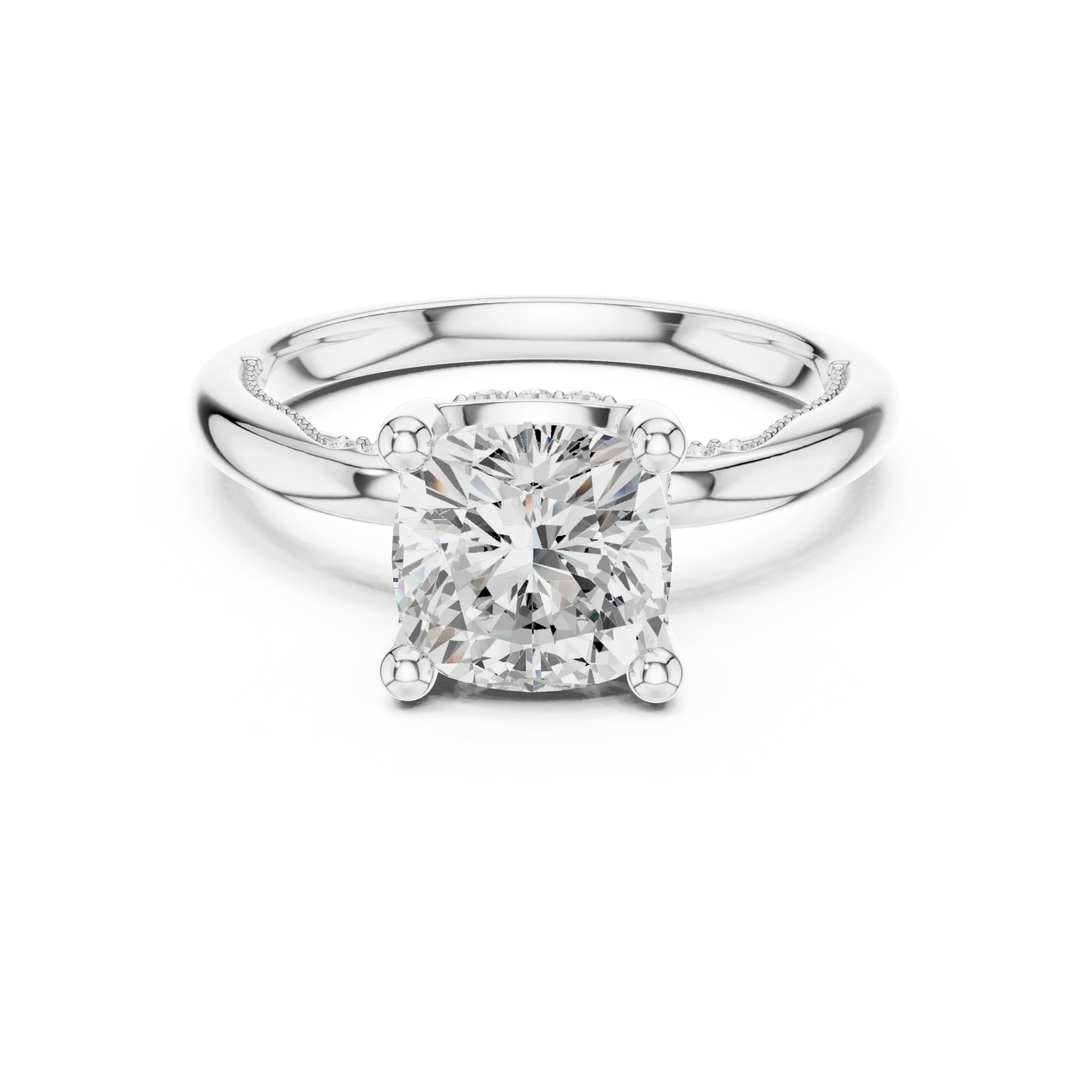 White gold cushion cut solitaire ring with hidden halo and domed band featuring lab-grown diamond, elegant design
