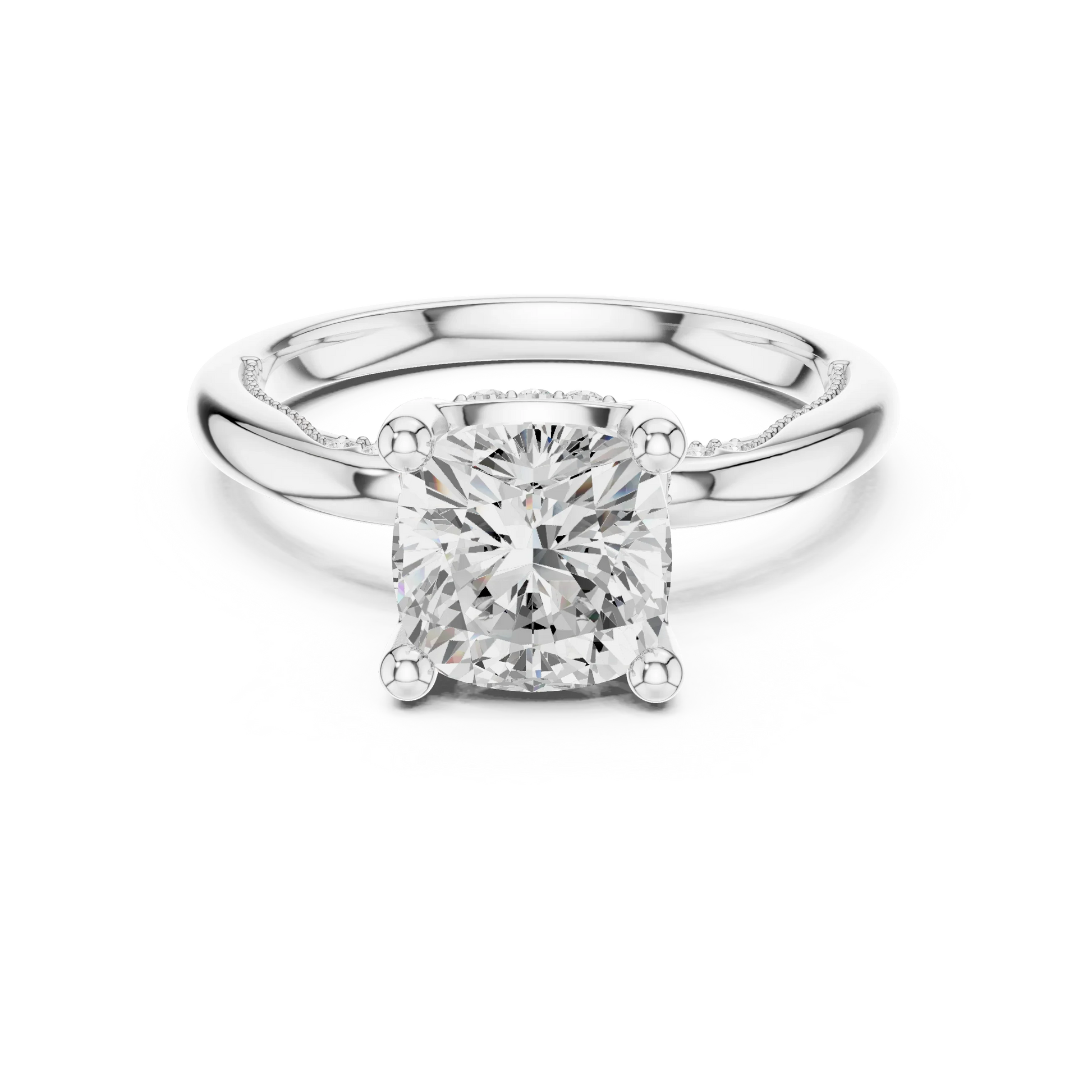 White gold cushion cut solitaire ring with hidden halo and domed band featuring lab-grown diamond, elegant design