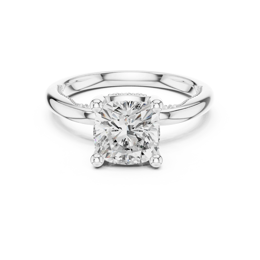 White gold cushion cut solitaire ring with hidden halo and domed band featuring lab-grown diamond, elegant design