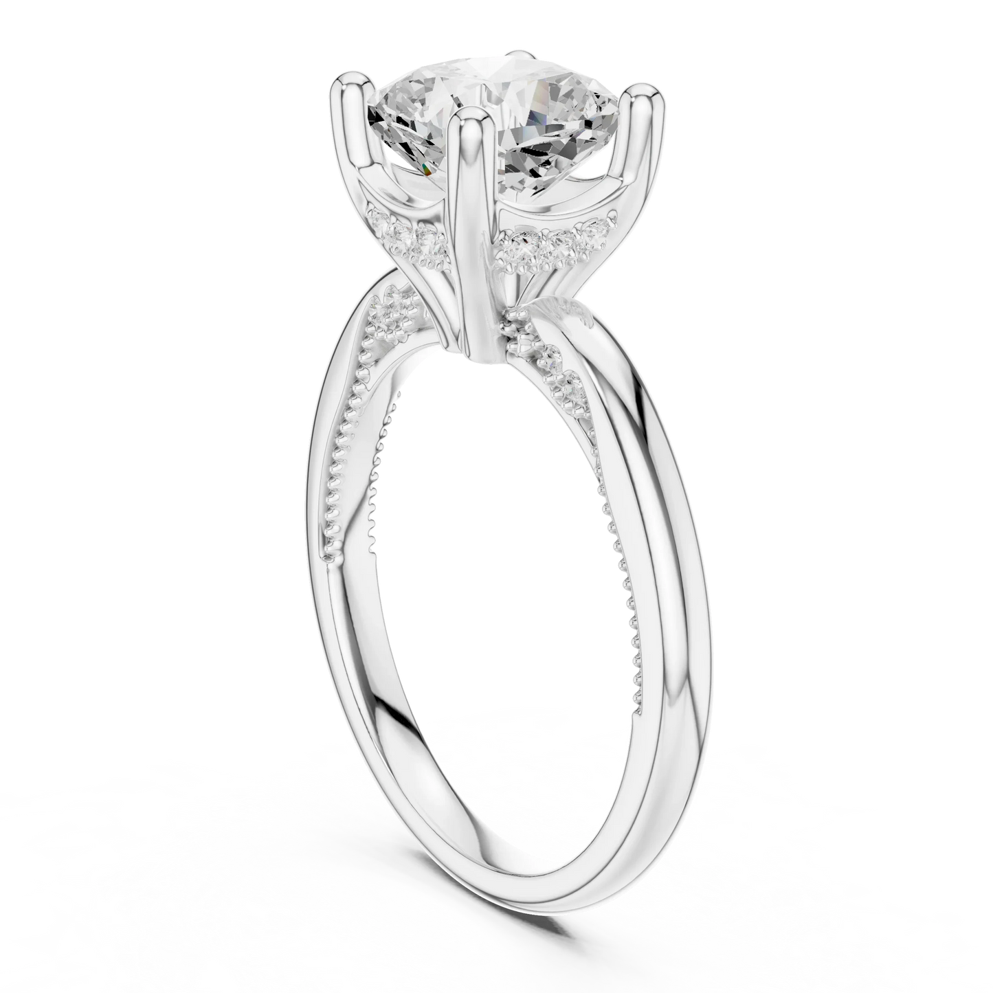 Back side view of white gold cushion cut solitaire ring showing hidden halo and domed band details