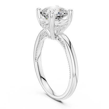 Back side view of white gold cushion cut solitaire ring showing hidden halo and domed band details