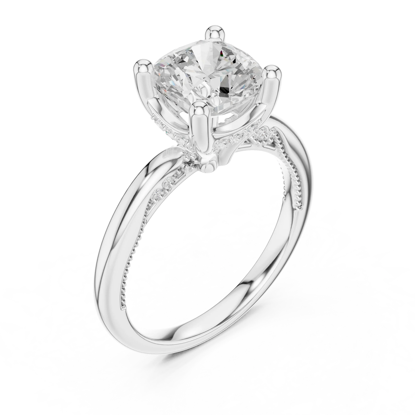 Front view of white gold cushion cut solitaire ring with hidden halo and domed band and lab-created diamond
