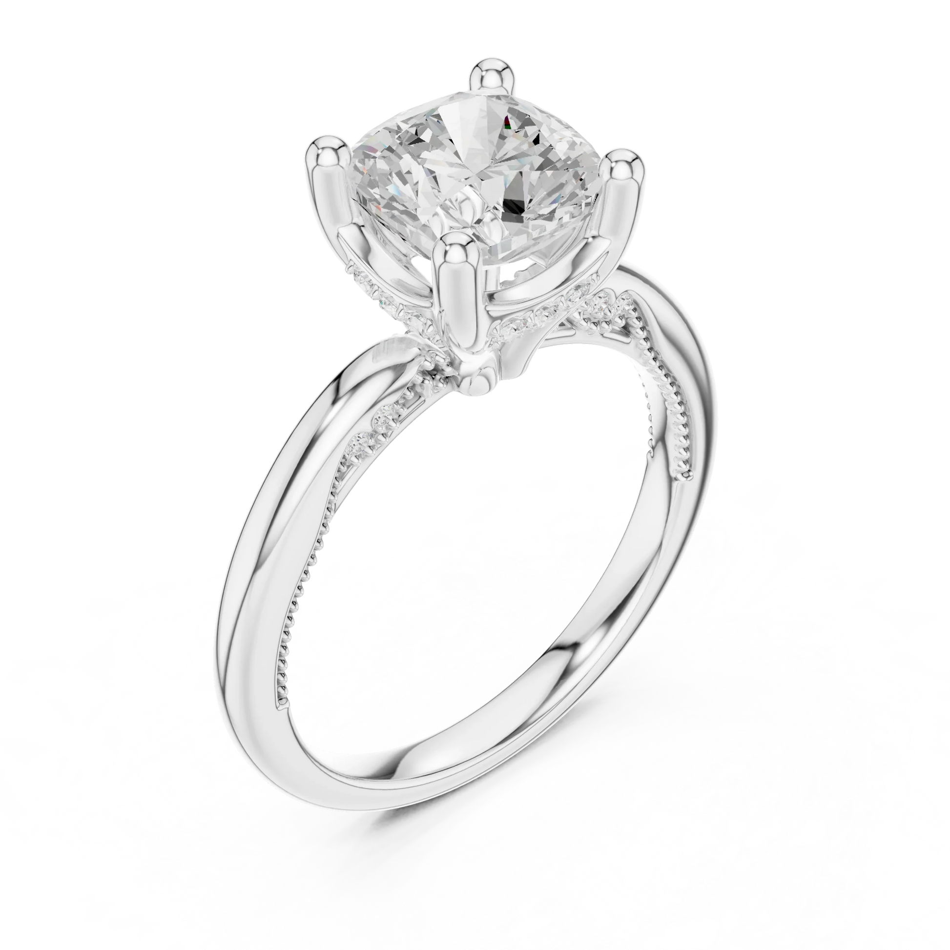 Front view of white gold cushion cut solitaire ring with hidden halo and domed band and lab-created diamond