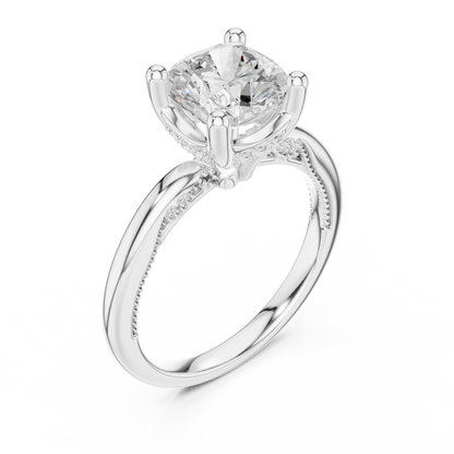Front view of white gold cushion cut solitaire ring with hidden halo and domed band and lab-created diamond