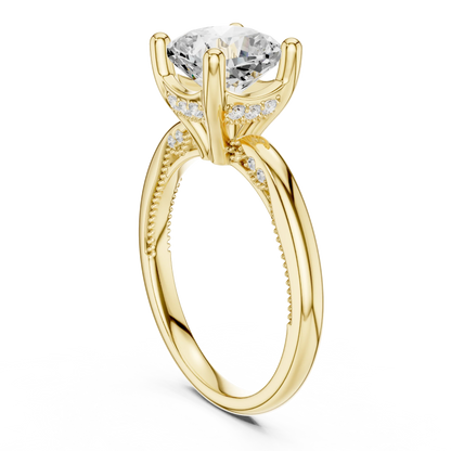 Back side view of yellow gold cushion cut solitaire ring showing hidden halo and domed band details