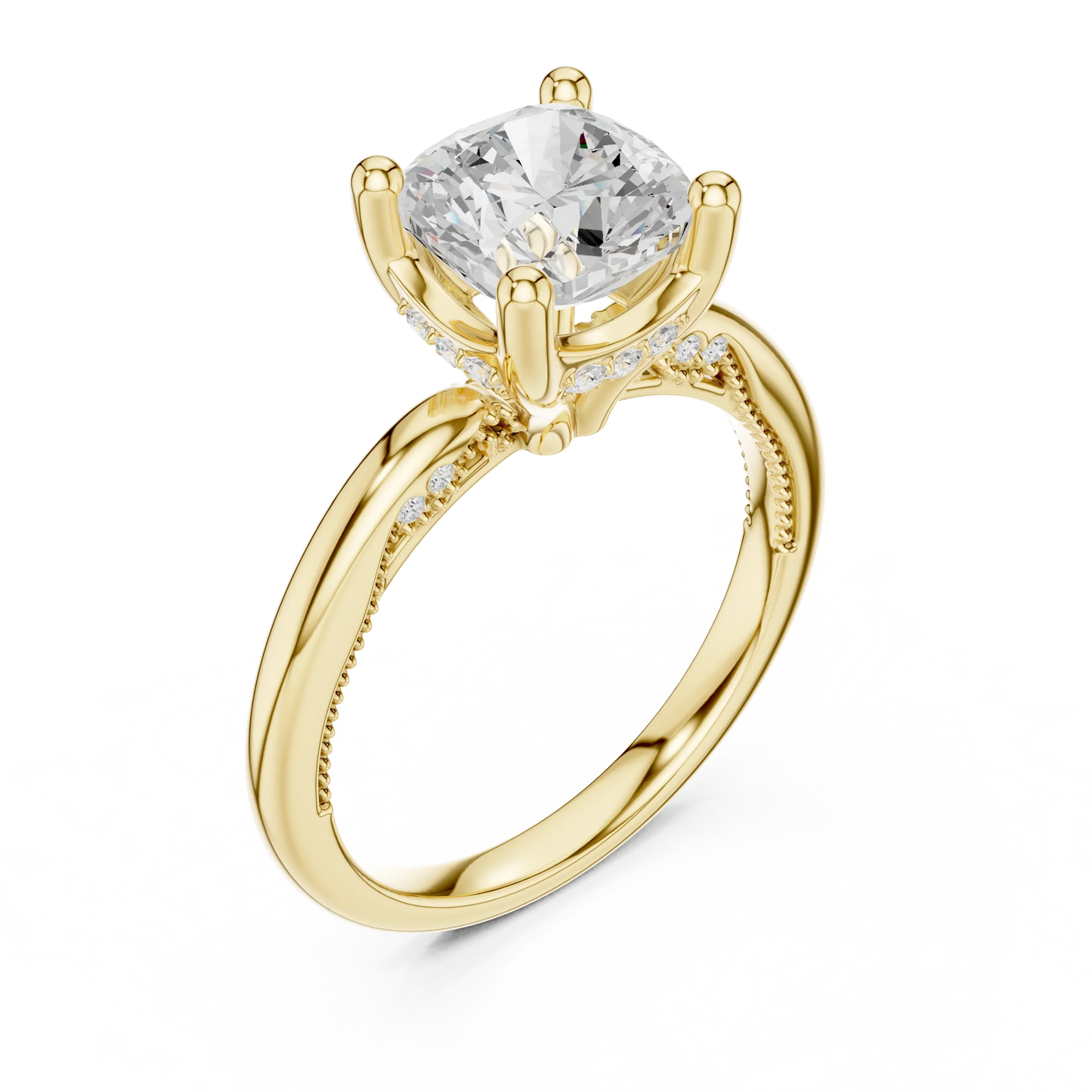 Front view of yellow gold cushion cut solitaire ring with hidden halo and domed band and lab-created diamond