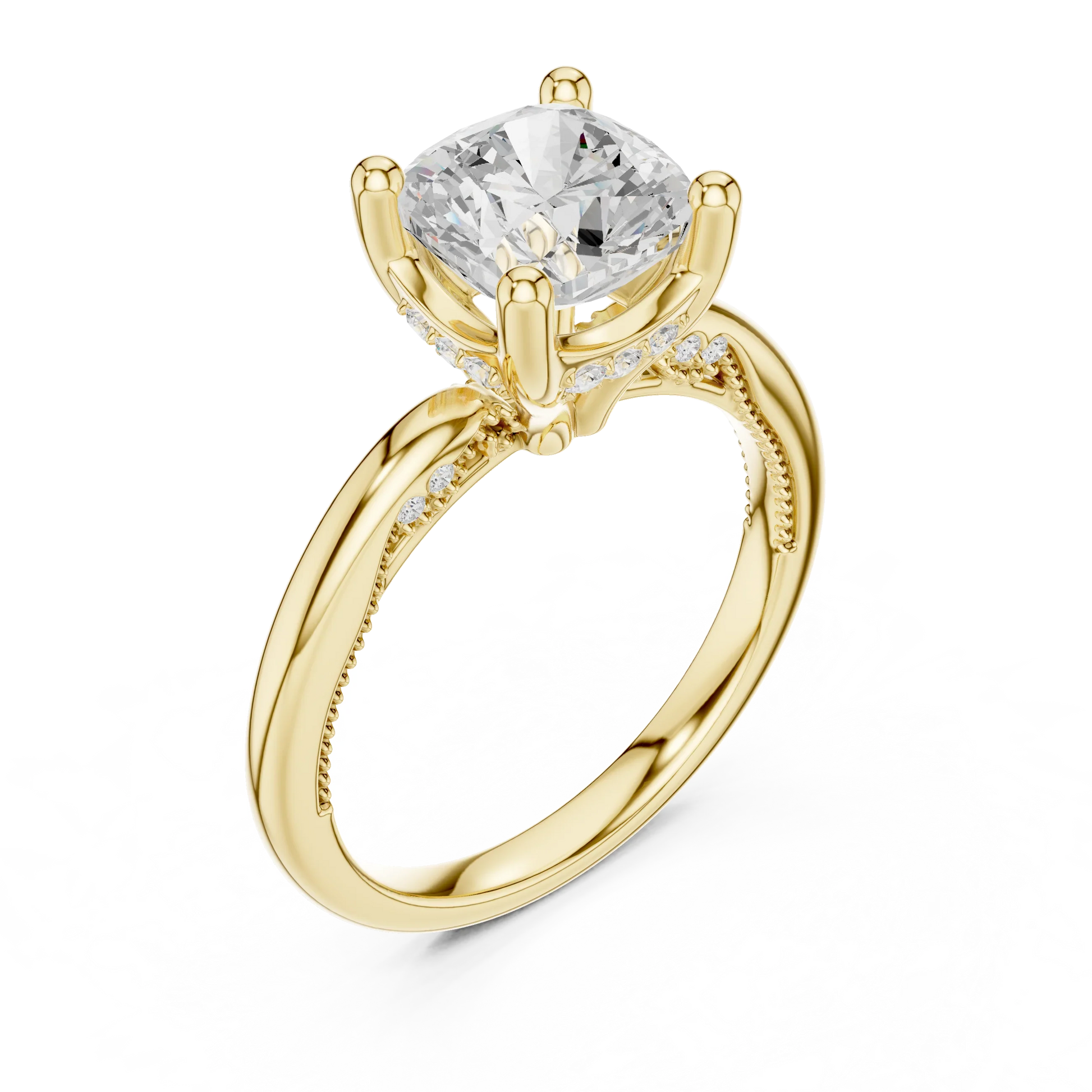 Front view of yellow gold cushion cut solitaire ring with hidden halo and domed band and lab-created diamond
