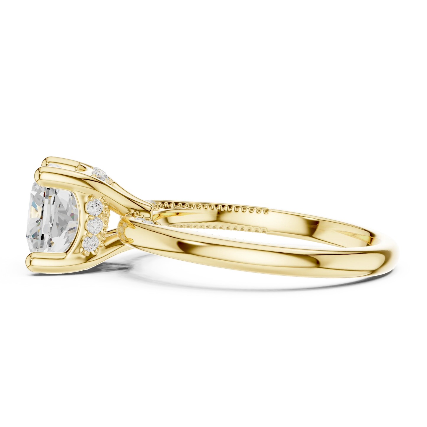 Side view of yellow gold cushion cut solitaire ring highlighting hidden halo and domed band design