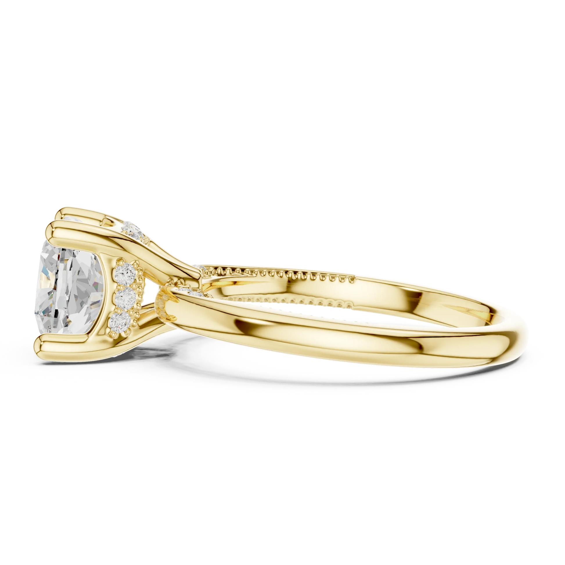 Side view of yellow gold cushion cut solitaire ring highlighting hidden halo and domed band design