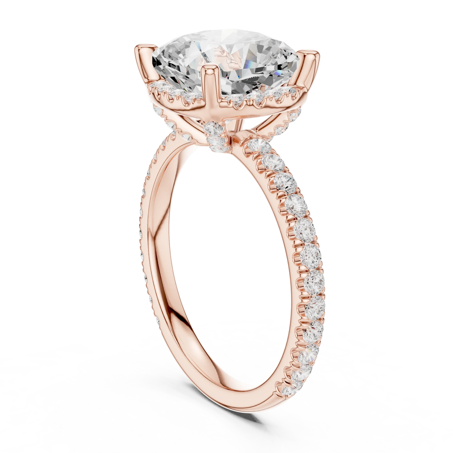 Back side view of rose gold cushion cut solitaire ring showing hidden halo and thin pav茅 band details
