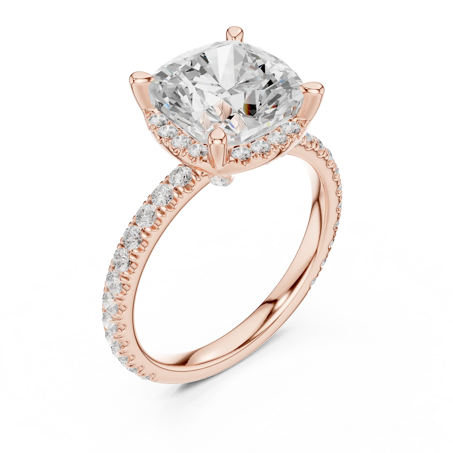 Front view of rose gold cushion cut solitaire ring with hidden halo and thin pav茅 diamond band and lab-created diamond