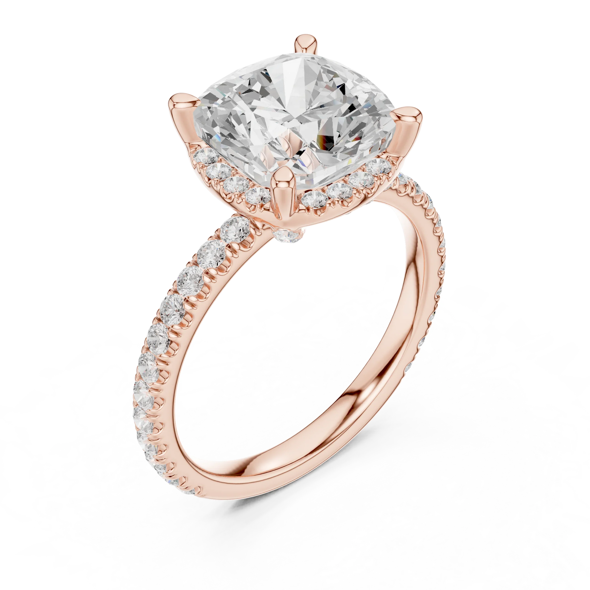 Front view of rose gold cushion cut solitaire ring with hidden halo and thin pav茅 diamond band and lab-created diamond