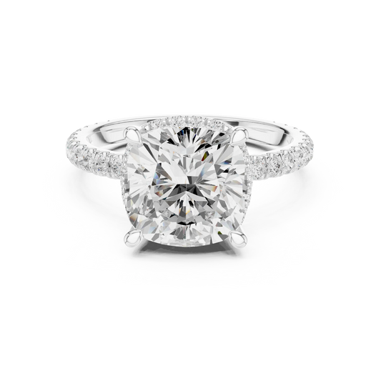 White gold cushion cut solitaire ring with hidden halo and thin pav茅 band featuring lab-grown diamond, soft elegant design
