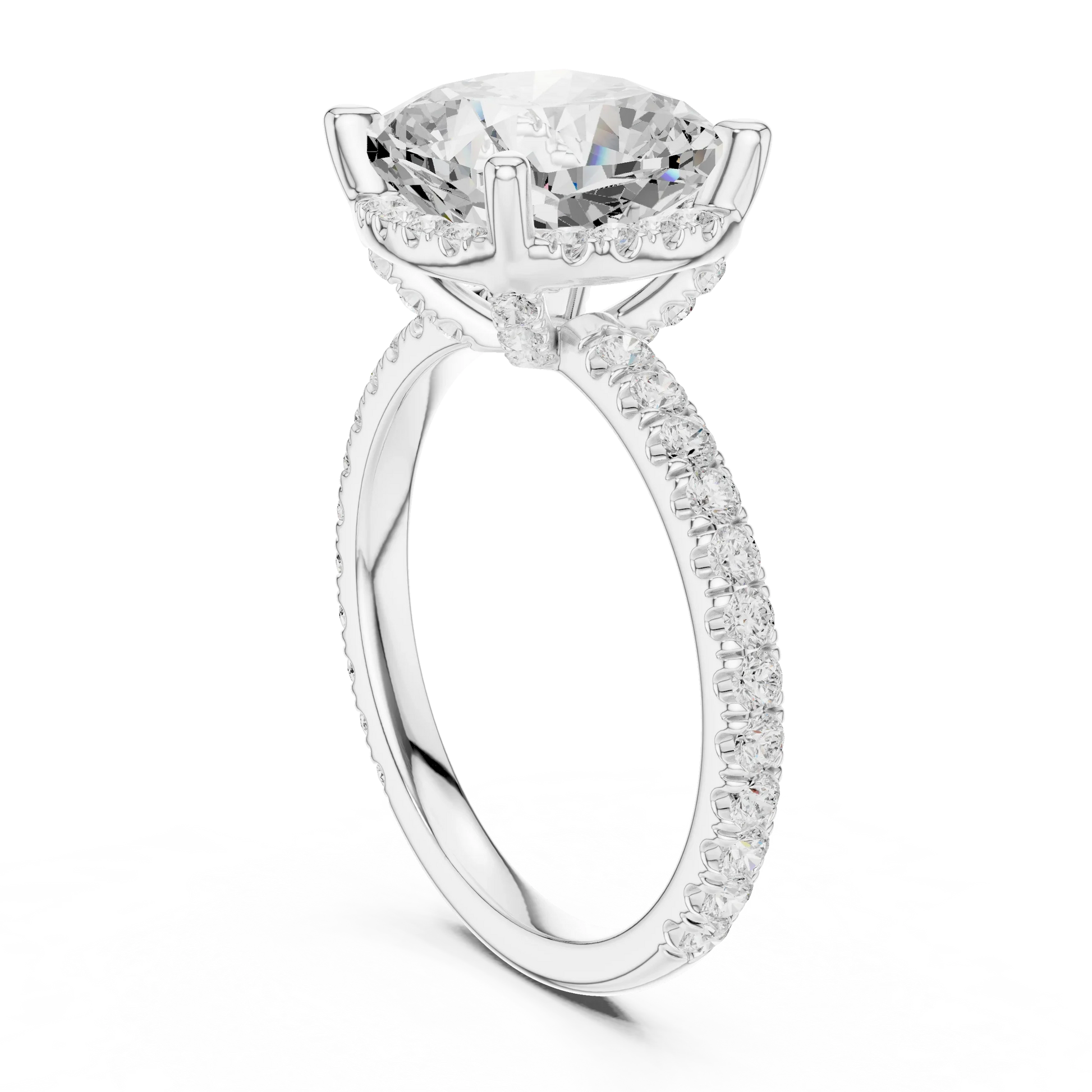 Back side view of white gold cushion cut solitaire ring showing hidden halo and thin pav茅 band details