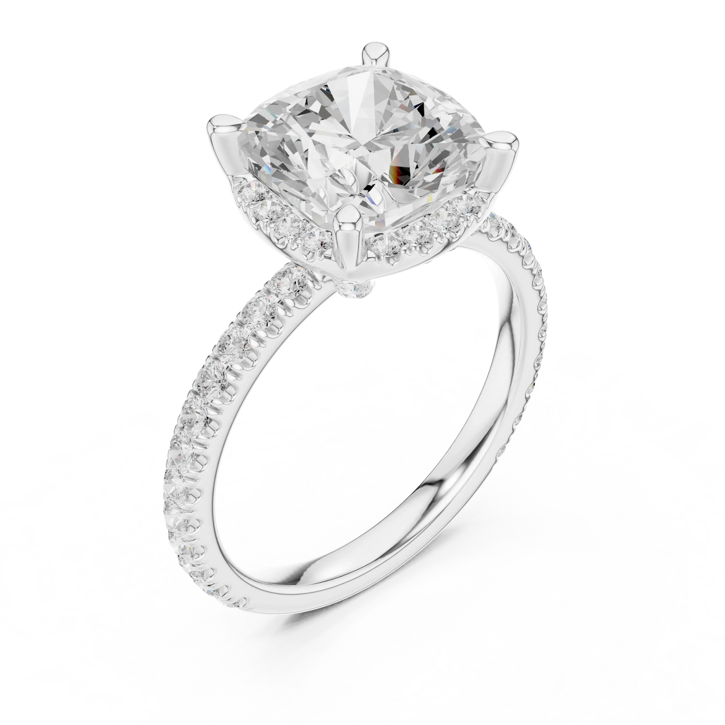 Front view of white gold cushion cut solitaire ring with hidden halo and thin pav茅 diamond band and lab-created diamond