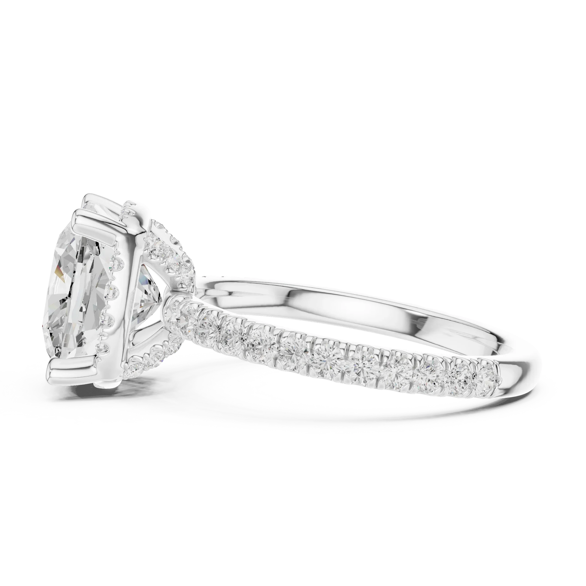 Side view of white gold cushion cut solitaire ring highlighting hidden halo and thin pav茅 band design