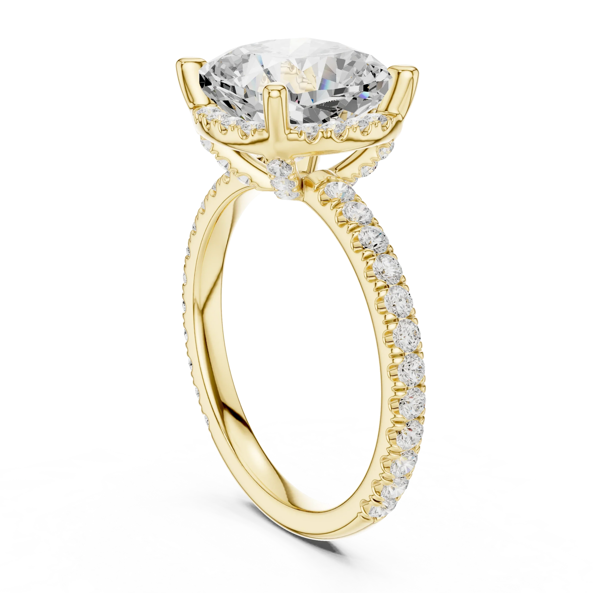 Back side view of yellow gold cushion cut solitaire ring showing hidden halo and thin pav茅 band details