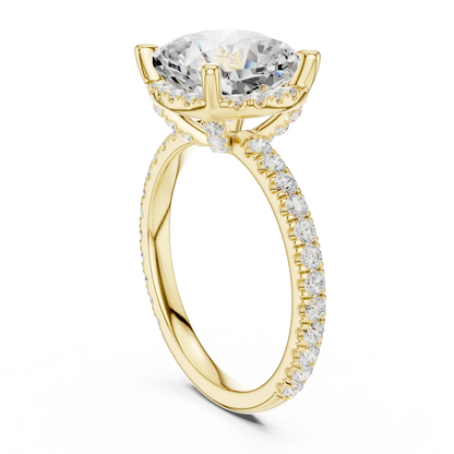 Back side view of yellow gold cushion cut solitaire ring showing hidden halo and thin pav茅 band details