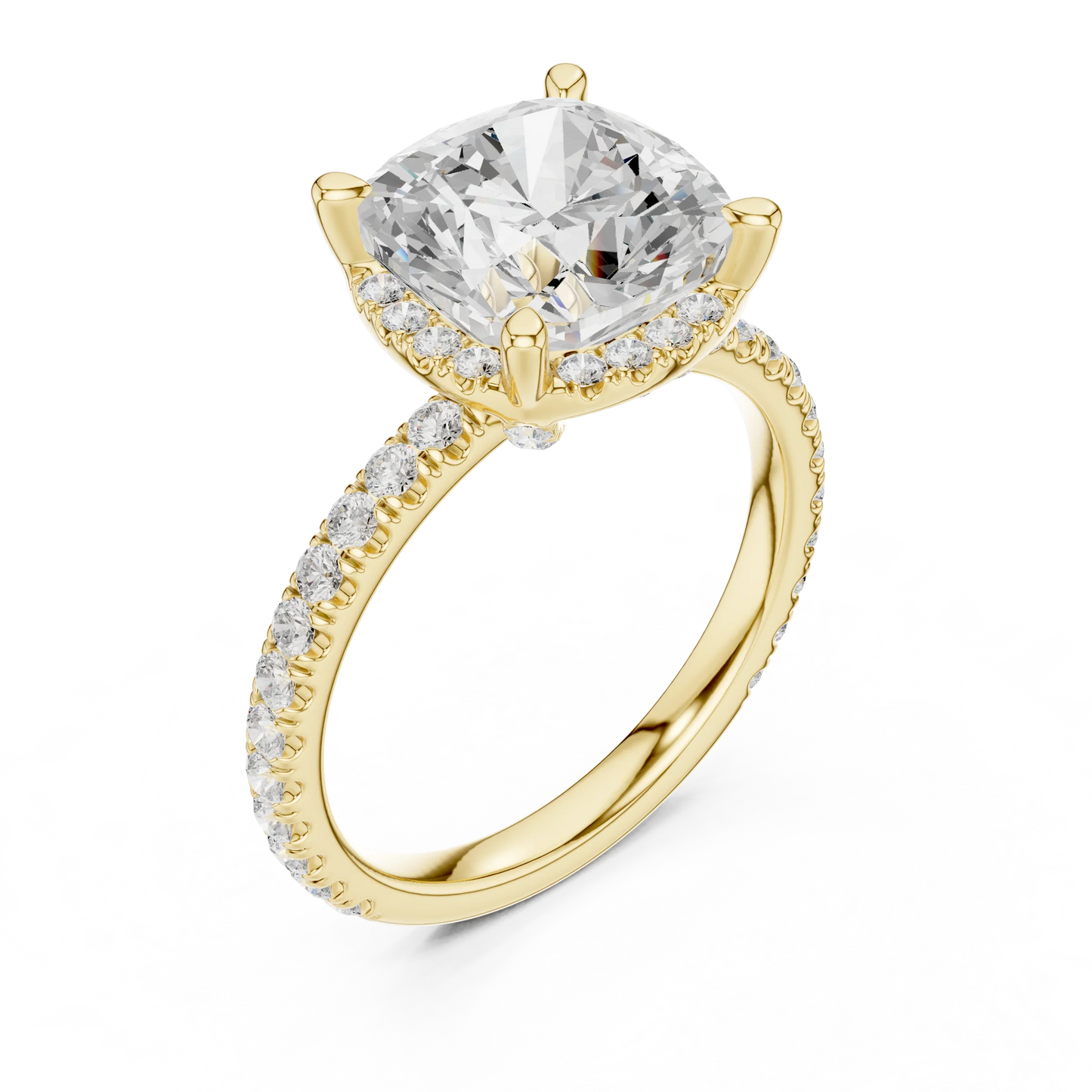 Front view of yellow gold cushion cut solitaire ring with hidden halo and thin pav茅 diamond band and lab-created diamond