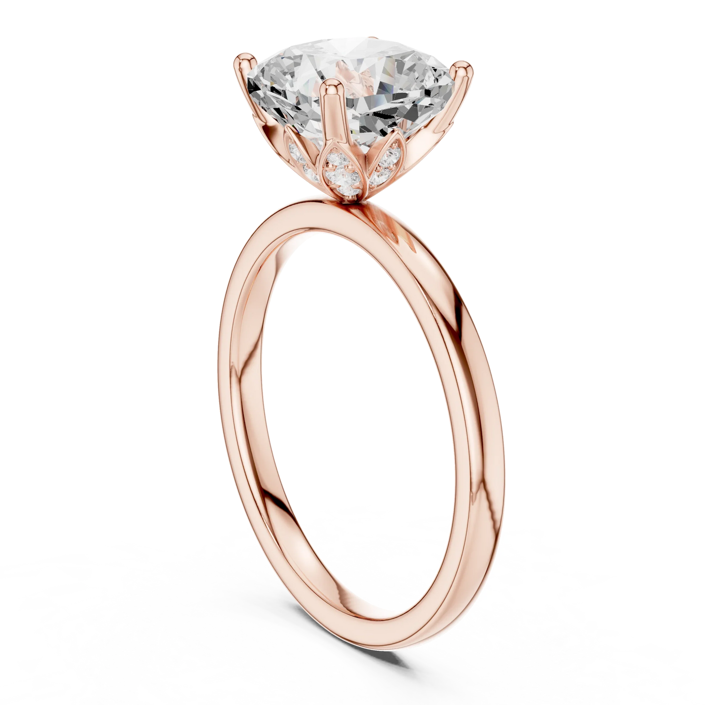Back side view of rose gold cushion cut solitaire ring showing band and setting details