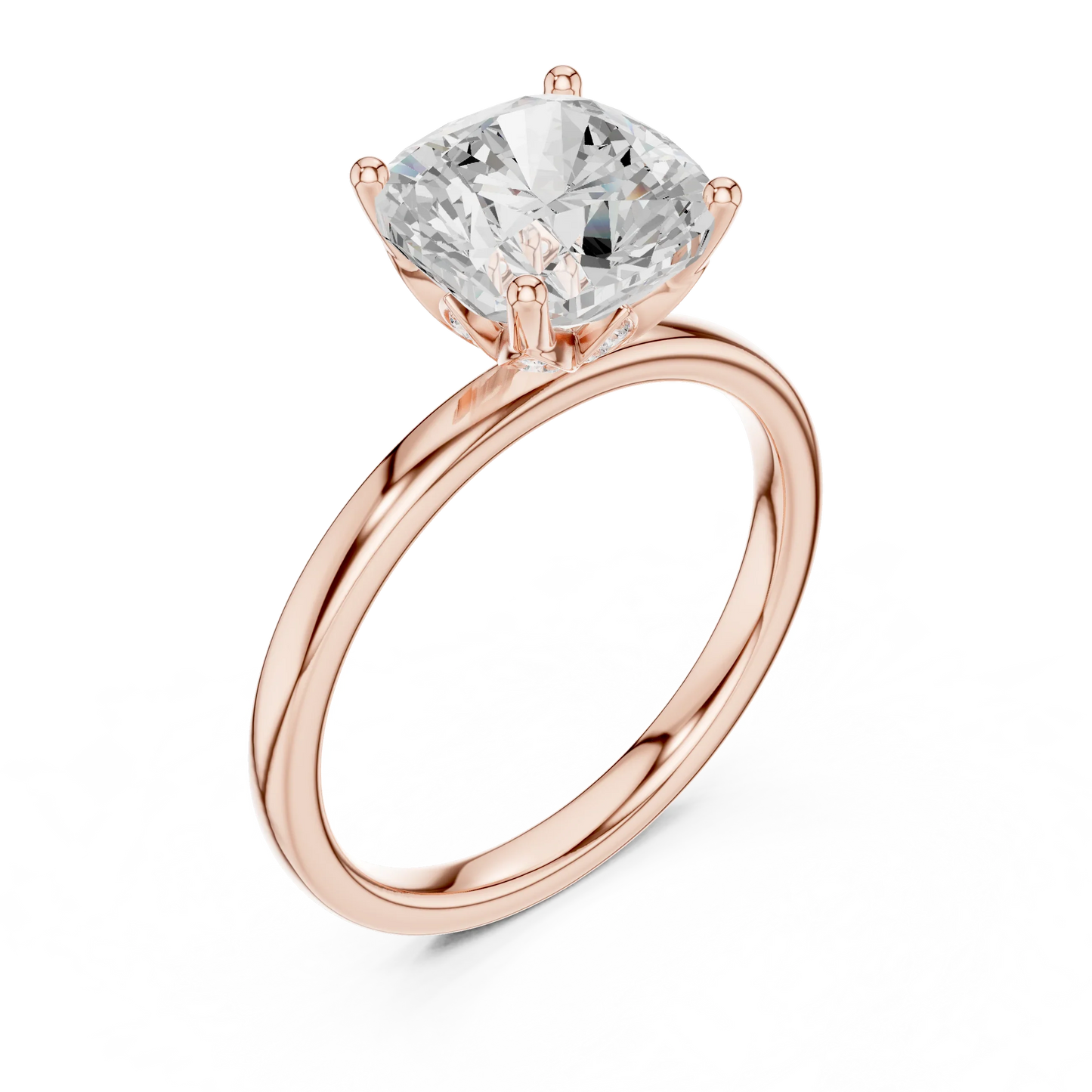 Front view of rose gold cushion cut solitaire ring with domed band and center stone