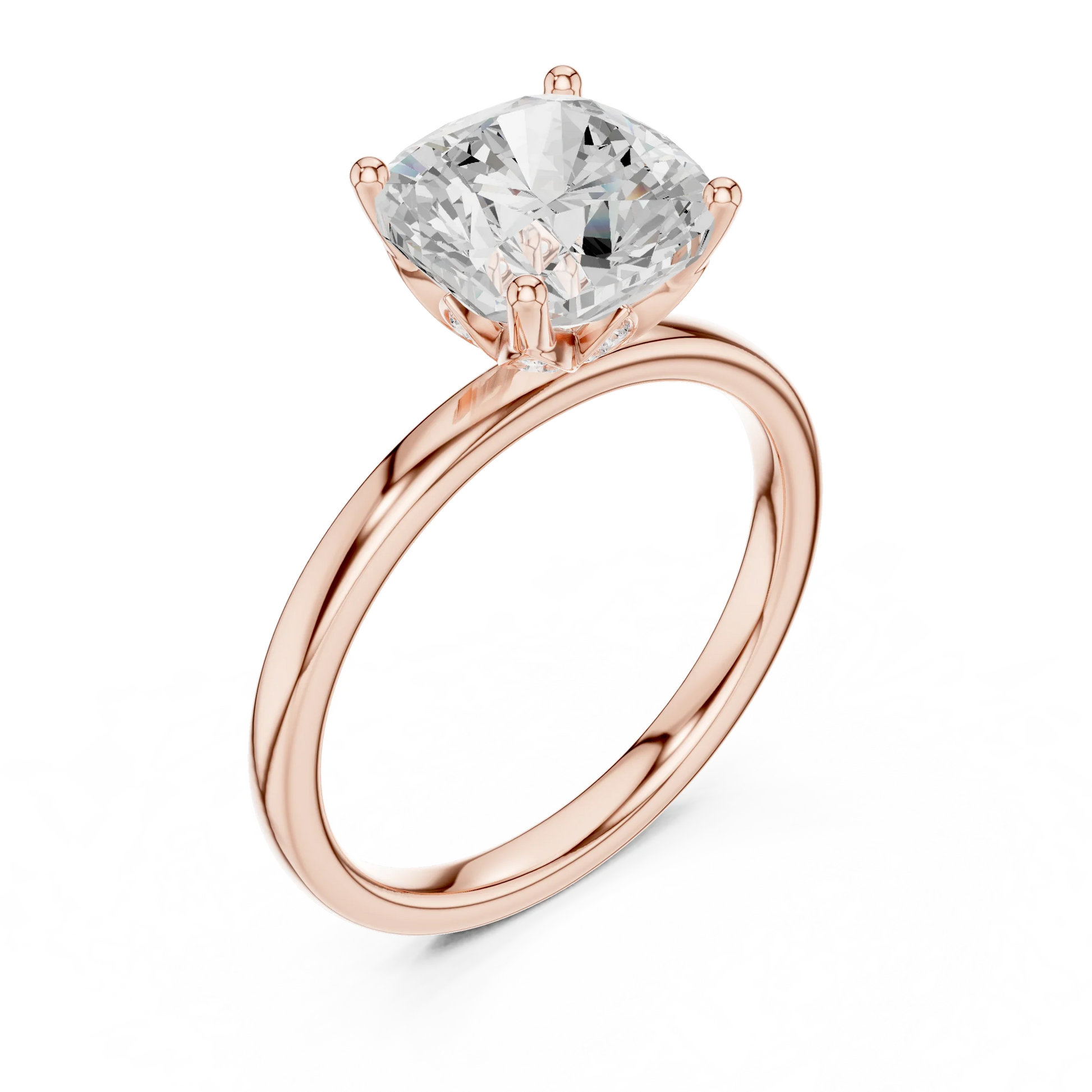 Front view of rose gold cushion cut solitaire ring with domed band and center stone