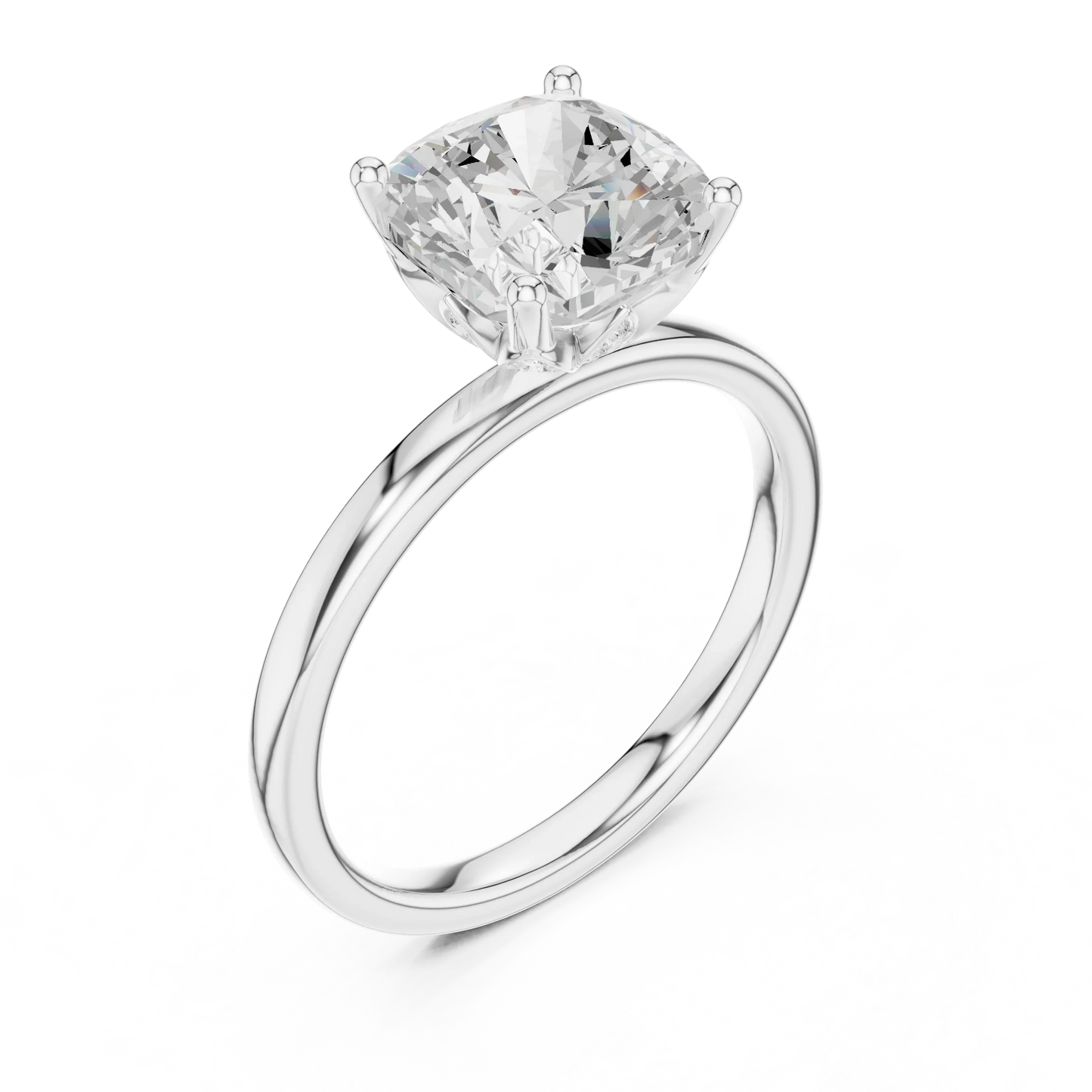 Front view of white gold cushion cut solitaire ring with domed band and center stone