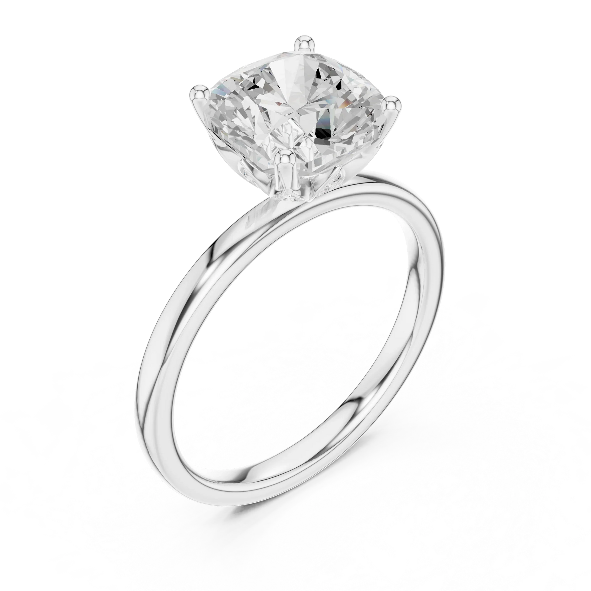 Front view of white gold cushion cut solitaire ring with domed band and center stone