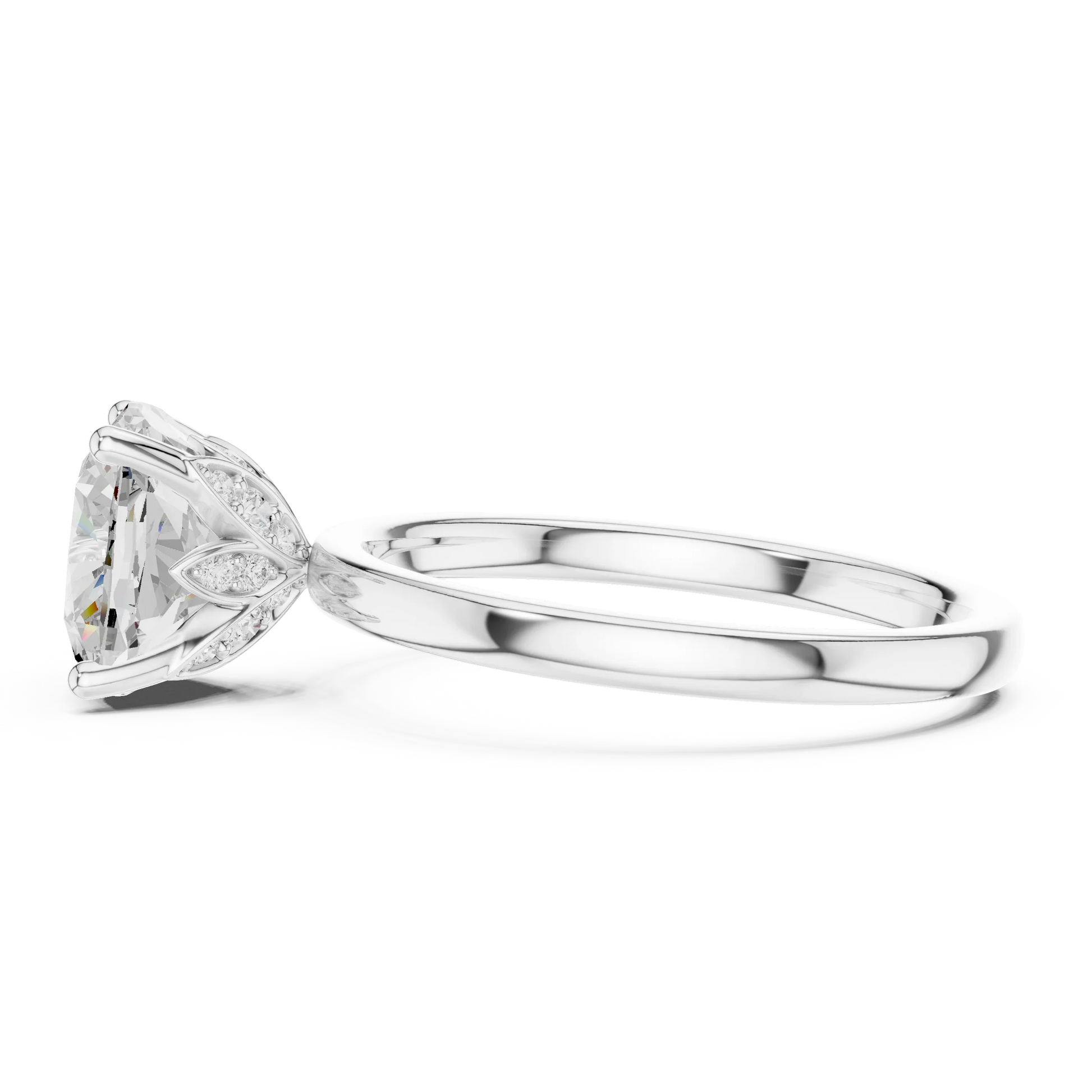 Side view of white gold cushion cut solitaire ring with domed band and raised setting