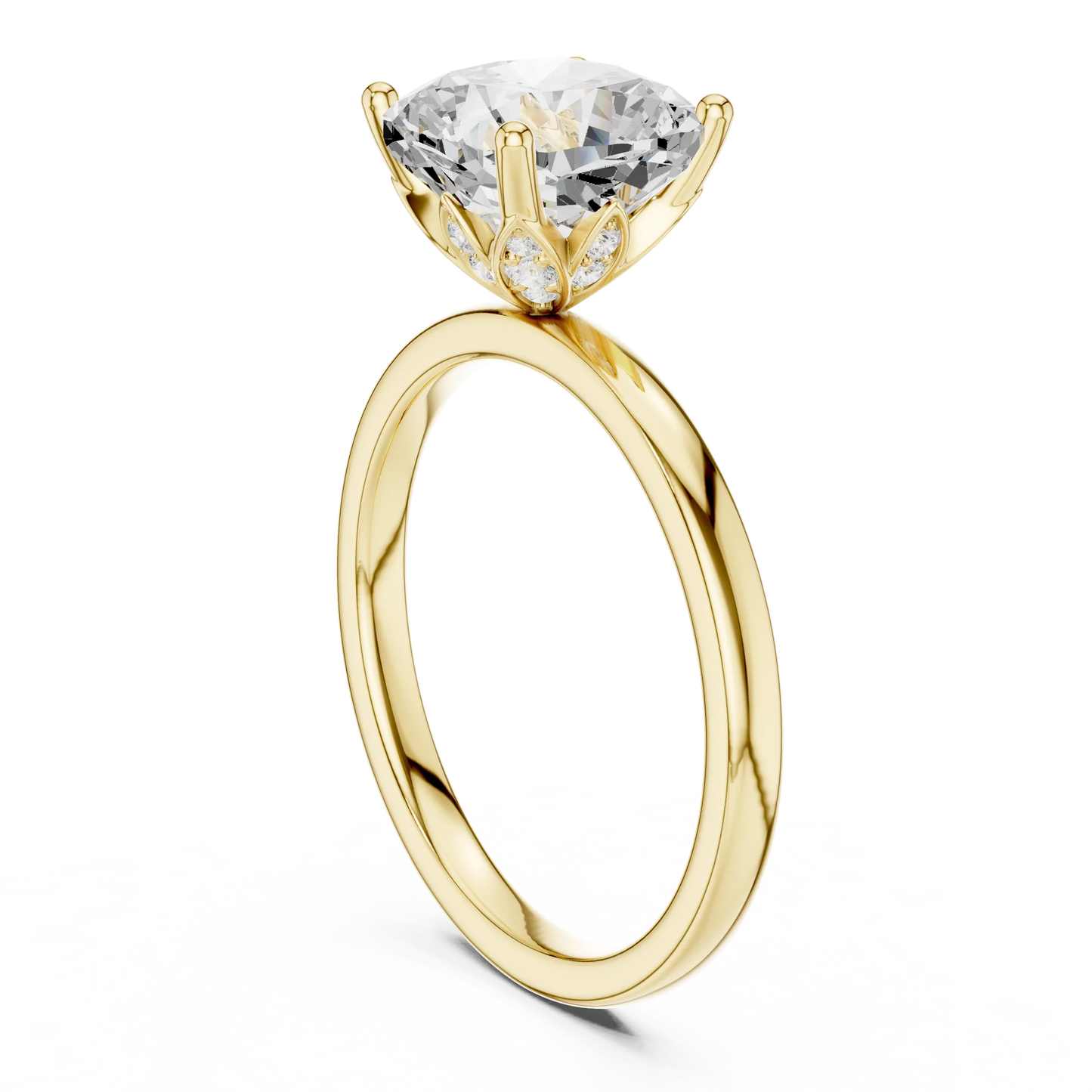 Back side view of yellow gold cushion cut solitaire ring showing band and setting structure