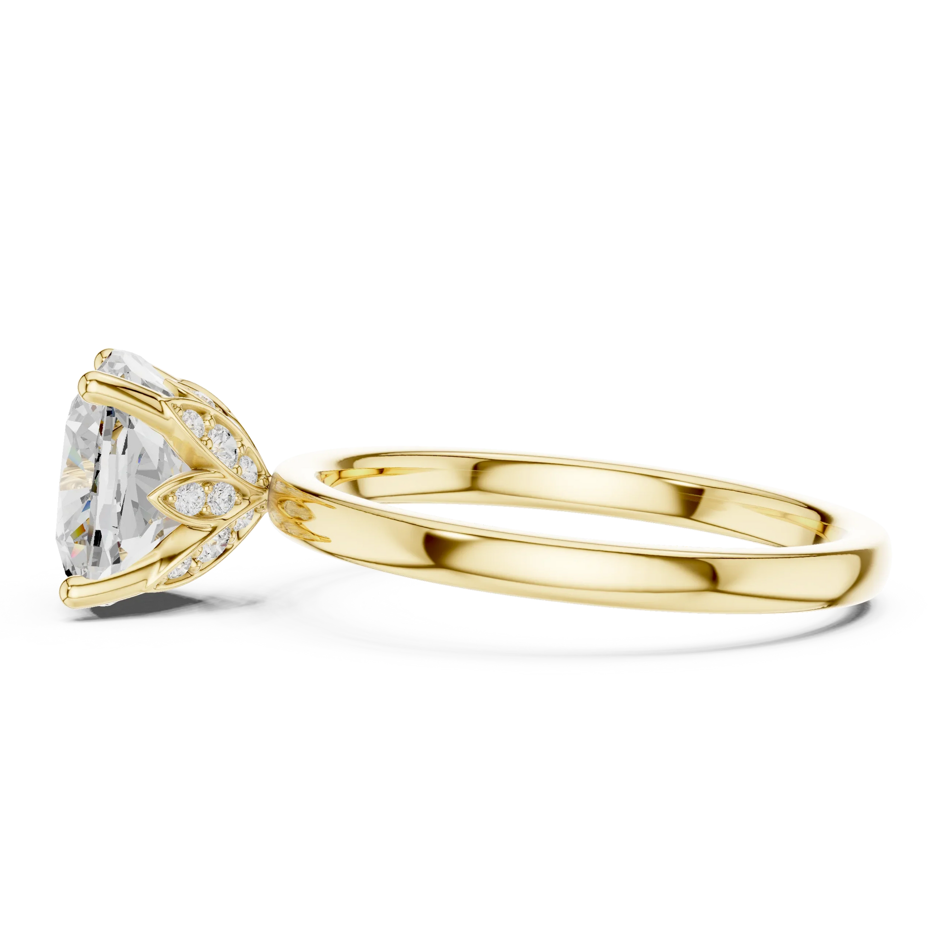 Side view of yellow gold cushion cut solitaire ring with domed band and prong setting