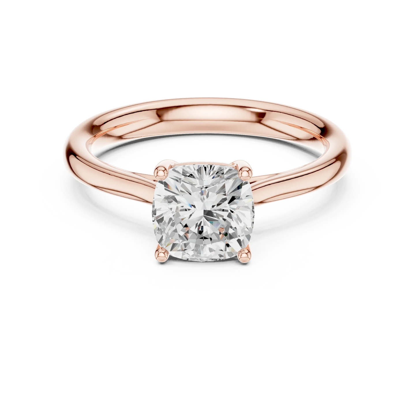 Lab-grown cushion cut solitaire ring in rose gold with modern romantic finish