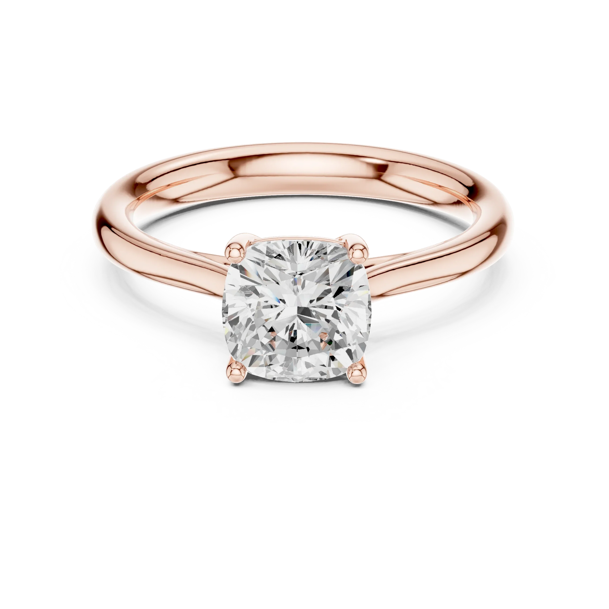 Lab-grown cushion cut solitaire ring in rose gold with modern romantic finish
