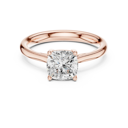 Lab-grown cushion cut solitaire ring in rose gold with modern romantic finish