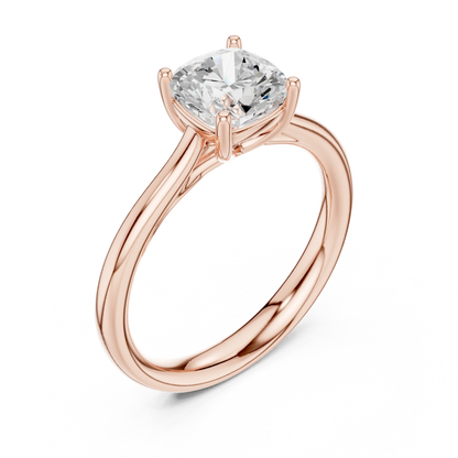 Front view of rose gold cushion cut solitaire ring featuring lab-grown diamond brilliance
