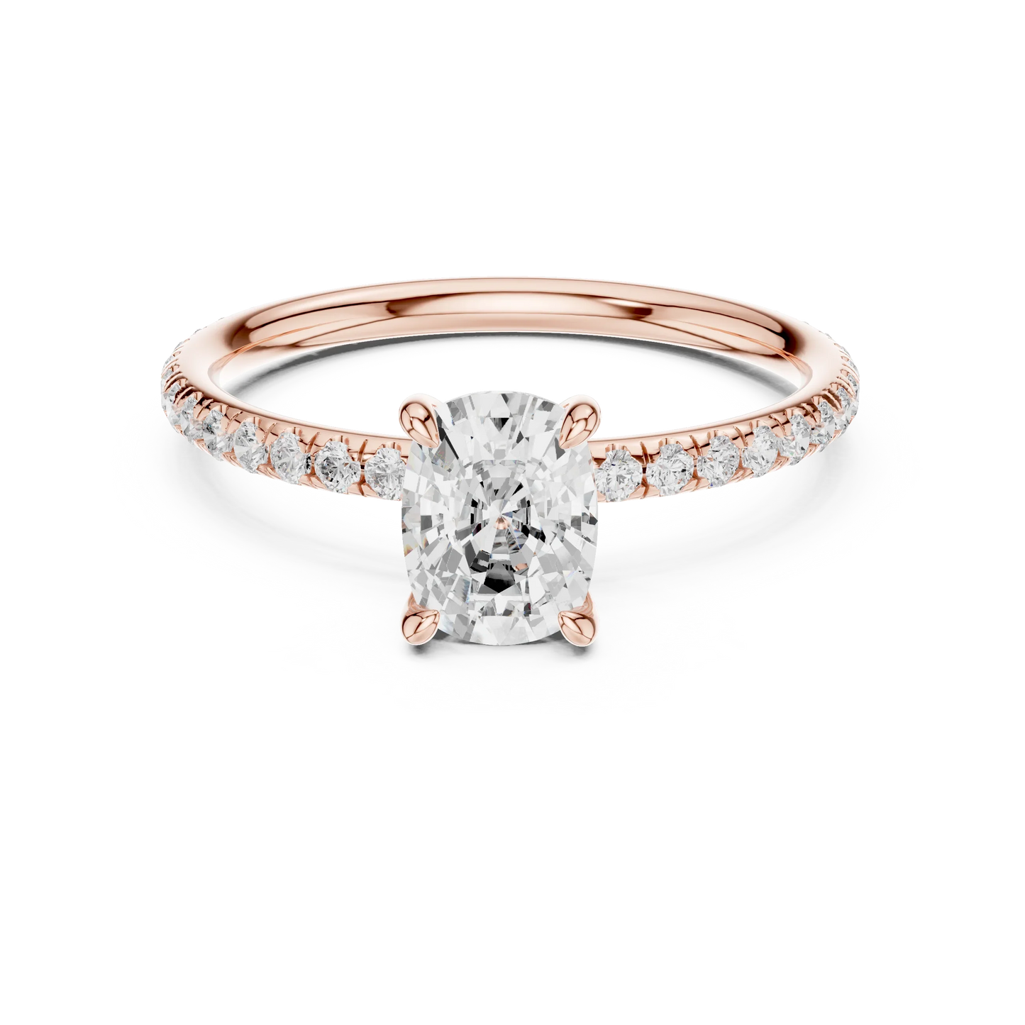 Lab-grown cushion cut solitaire ring in rose gold with thin pavé diamond band