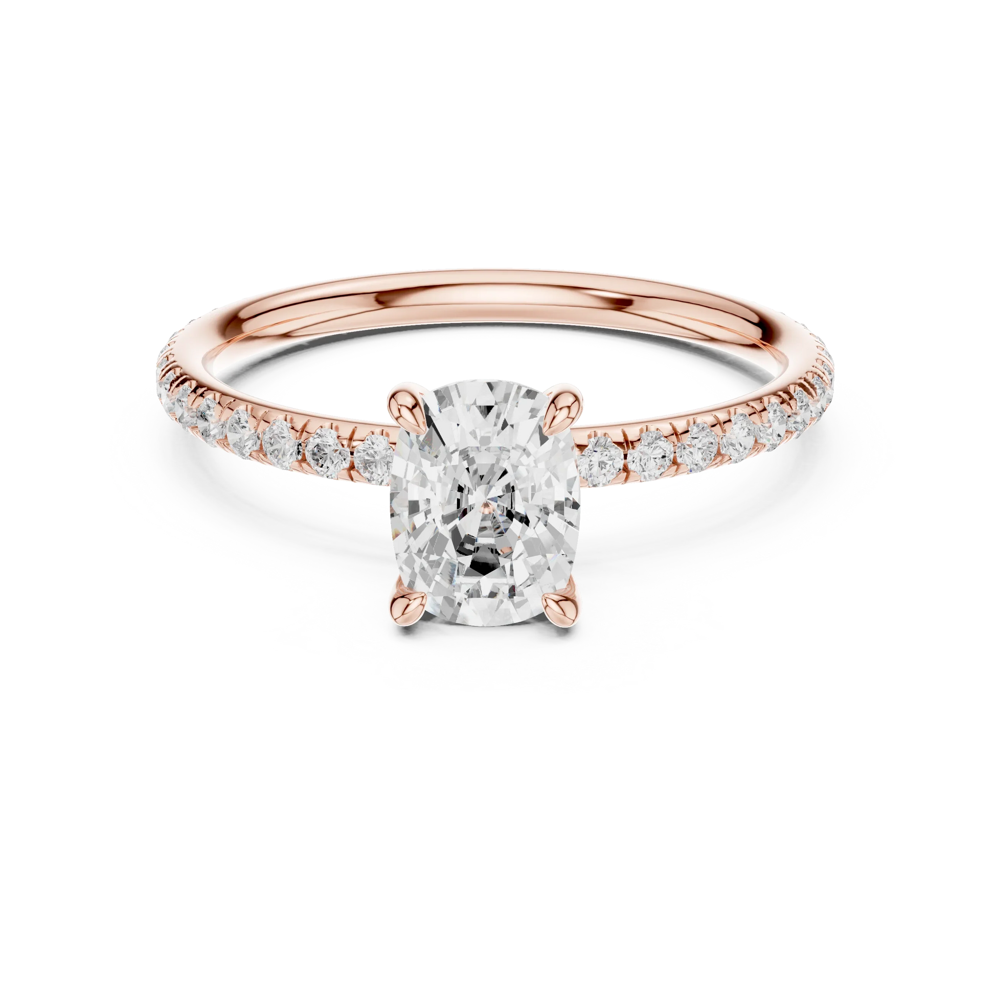 Lab-grown cushion cut solitaire ring in rose gold with thin pavé diamond band