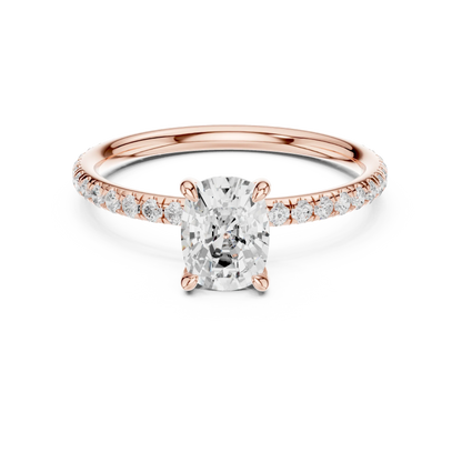 Lab-grown cushion cut solitaire ring in rose gold with thin pavé diamond band