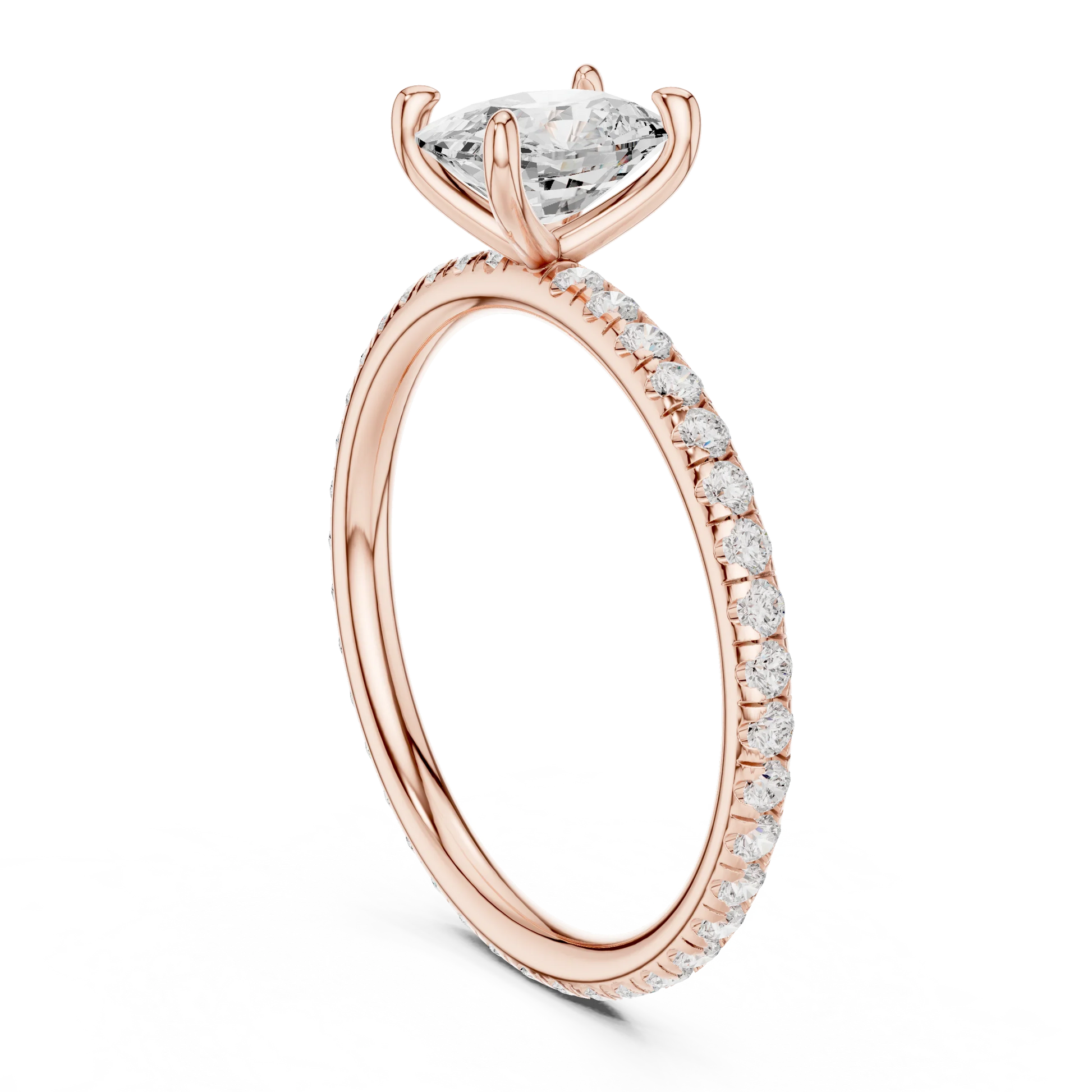 Back side view of rose gold cushion cut solitaire ring showing pavé band and setting details