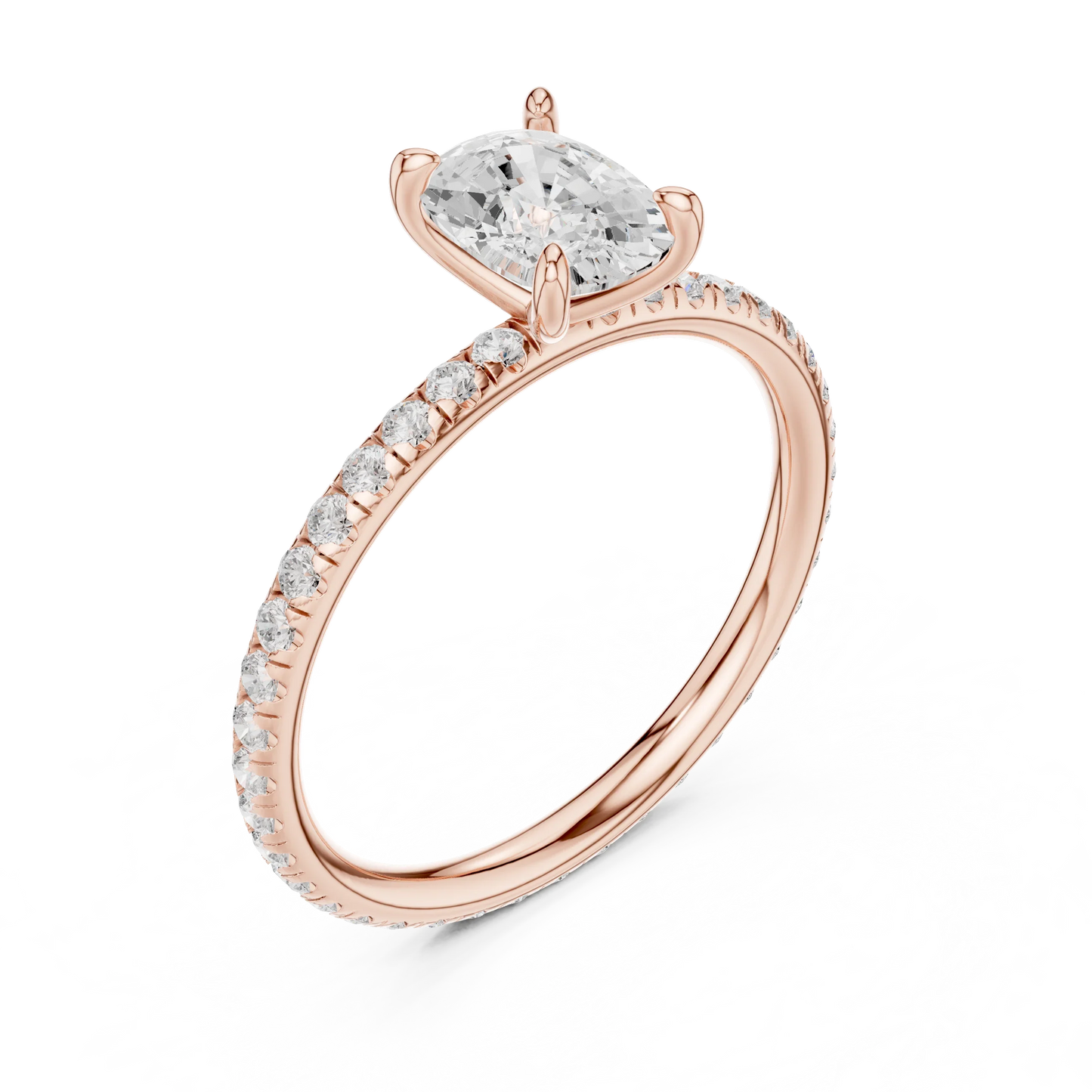 Front view of rose gold cushion cut solitaire ring with thin pavé diamond band and center stone