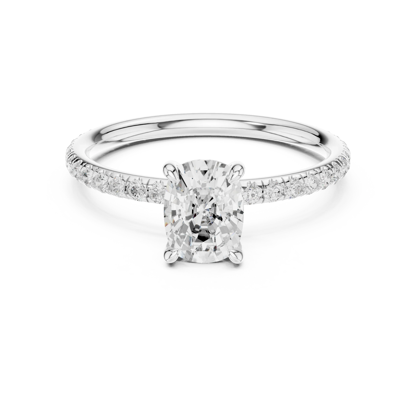 Lab-grown cushion cut solitaire ring in white gold with thin pavé diamond band