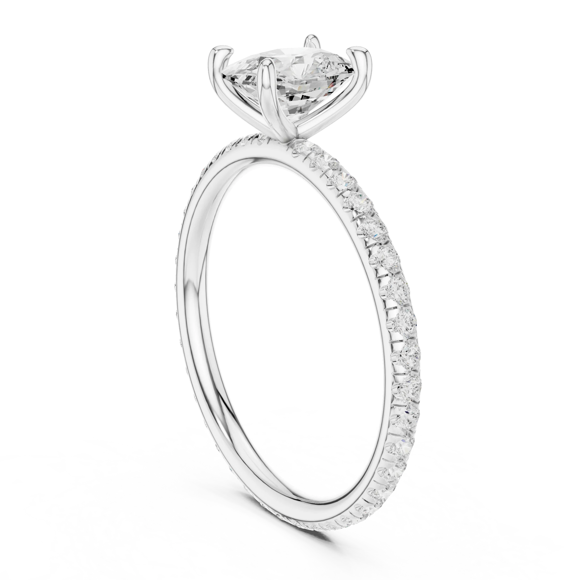 Back side view of white gold cushion cut solitaire ring showing pavé band and setting details