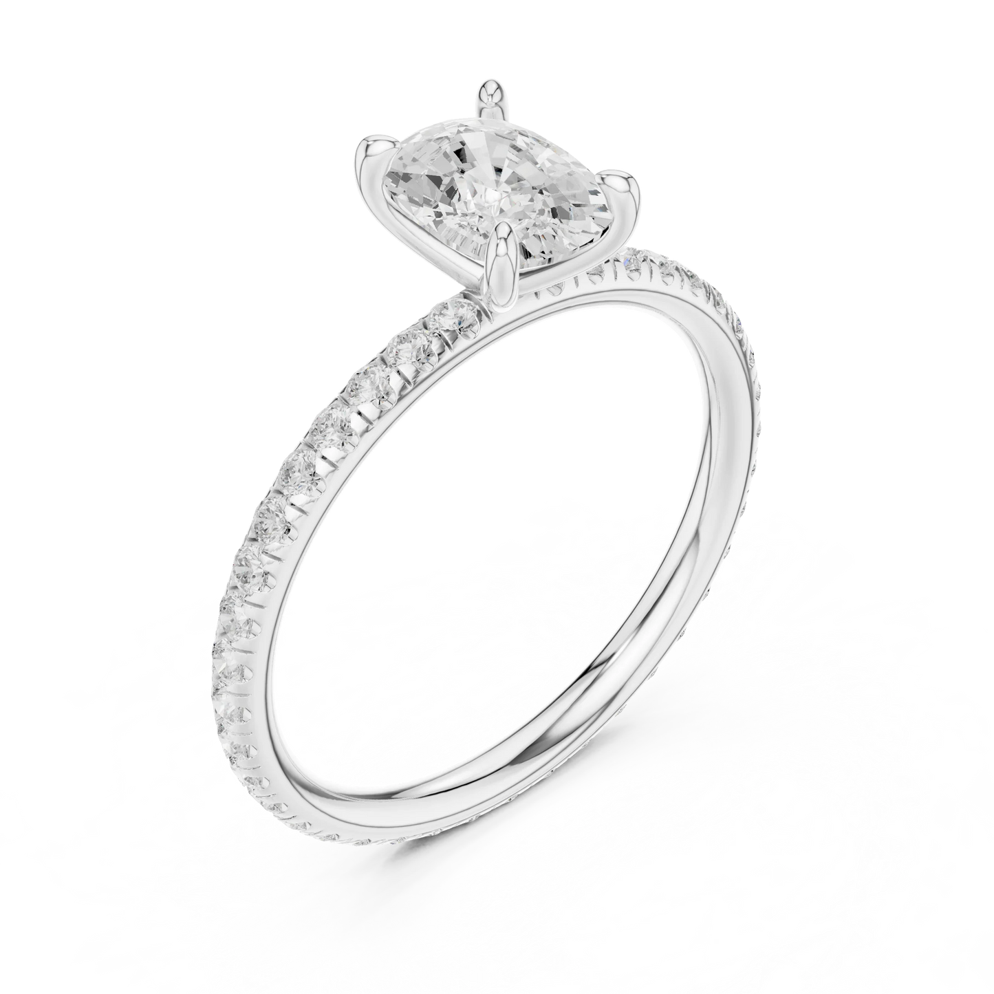 Front view of white gold cushion cut solitaire ring with thin pavé diamond band and center stone