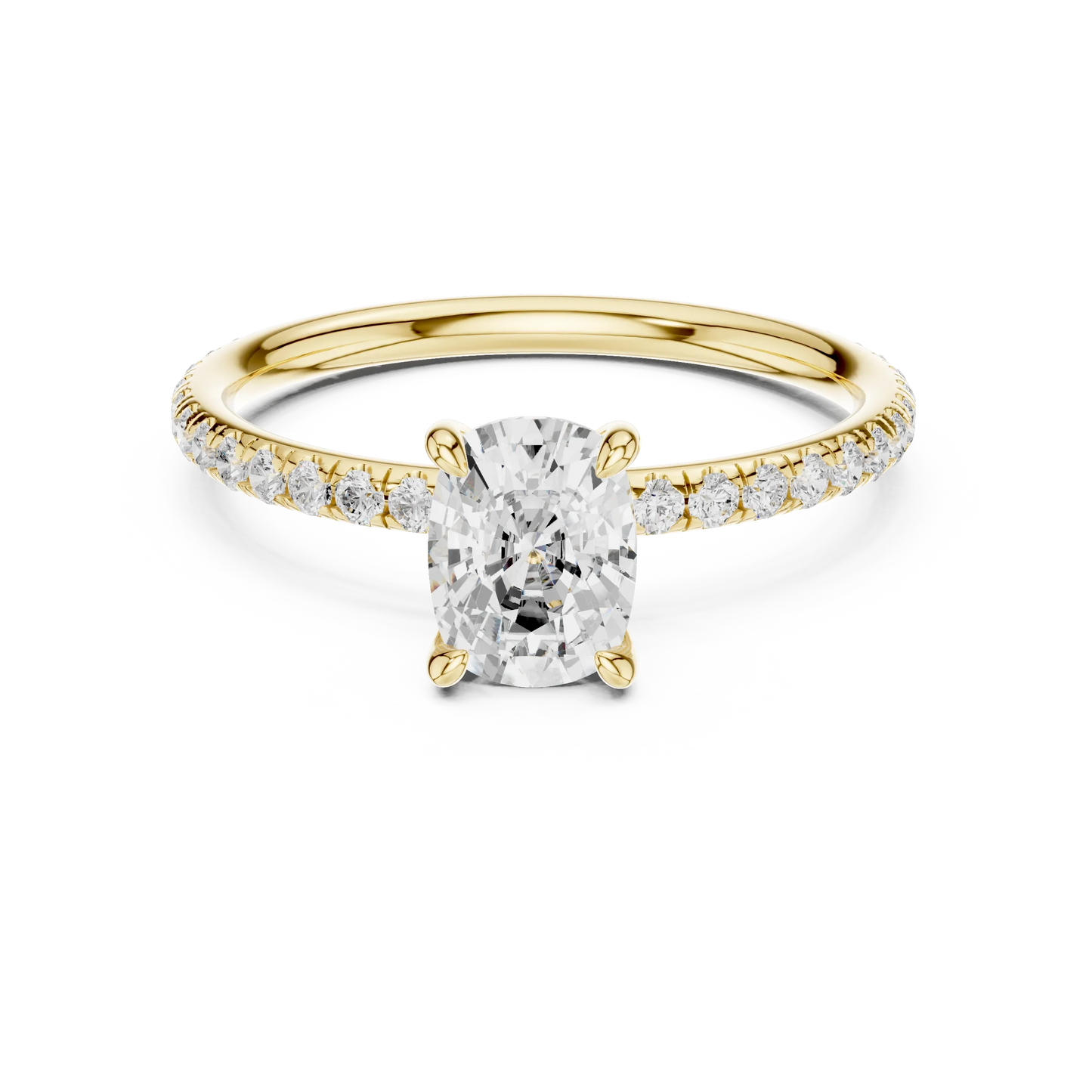Lab-grown cushion cut solitaire ring in yellow gold with thin pavé diamond band