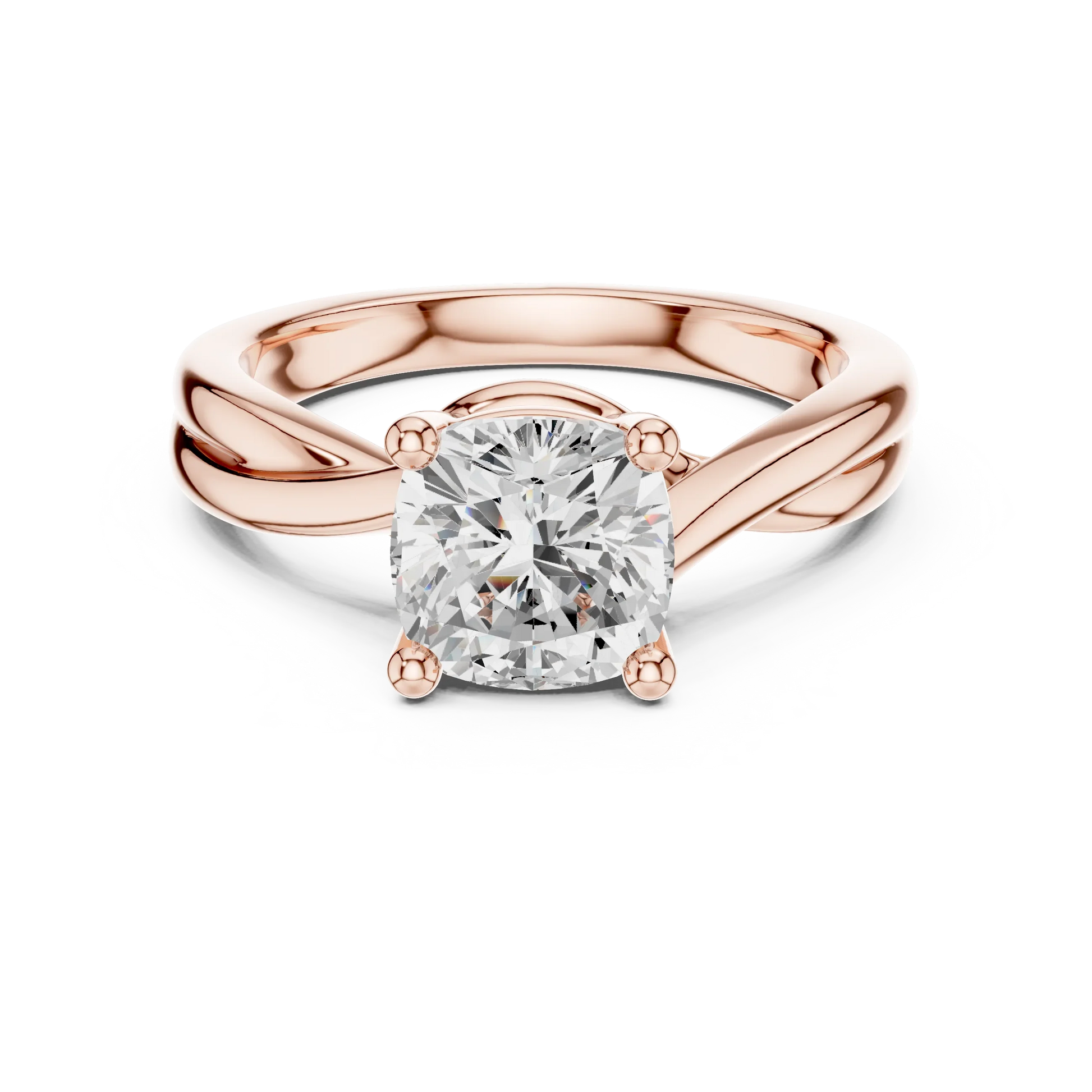 Lab-grown cushion cut solitaire ring in rose gold with twisted band design