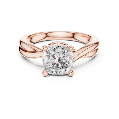 Lab-grown cushion cut solitaire ring in rose gold with twisted band design